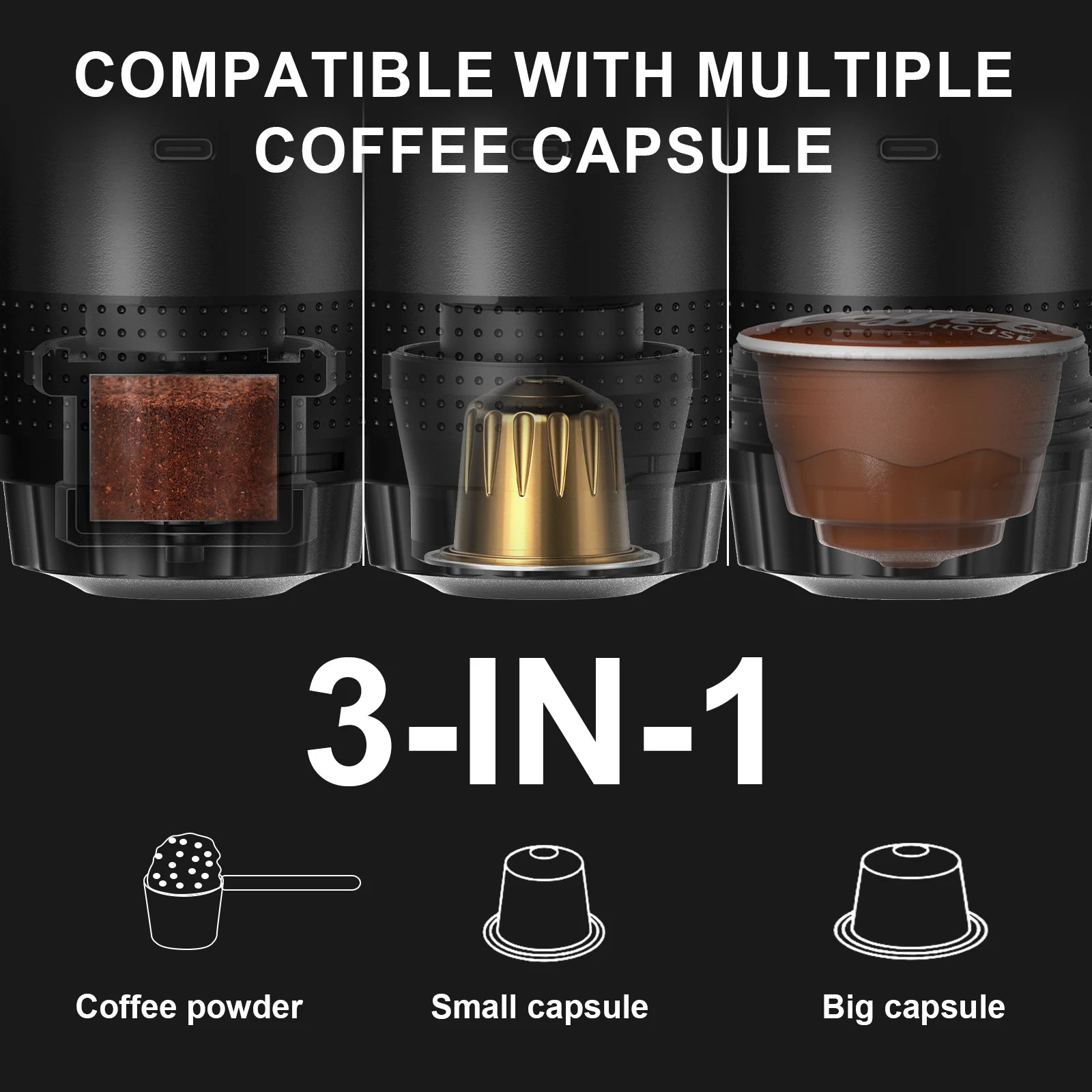 Machine à café expresso électrique Portable sans fil, pour voiture et maison, Camping, 3 en 1, capsules de poudre, cafetière de voyage - Brillance maison