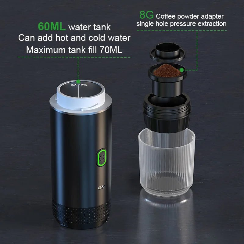 Machine à café expresso électrique Portable sans fil, pour voiture et maison, Camping, 3 en 1, capsules de poudre, cafetière de voyage - Brillance maison